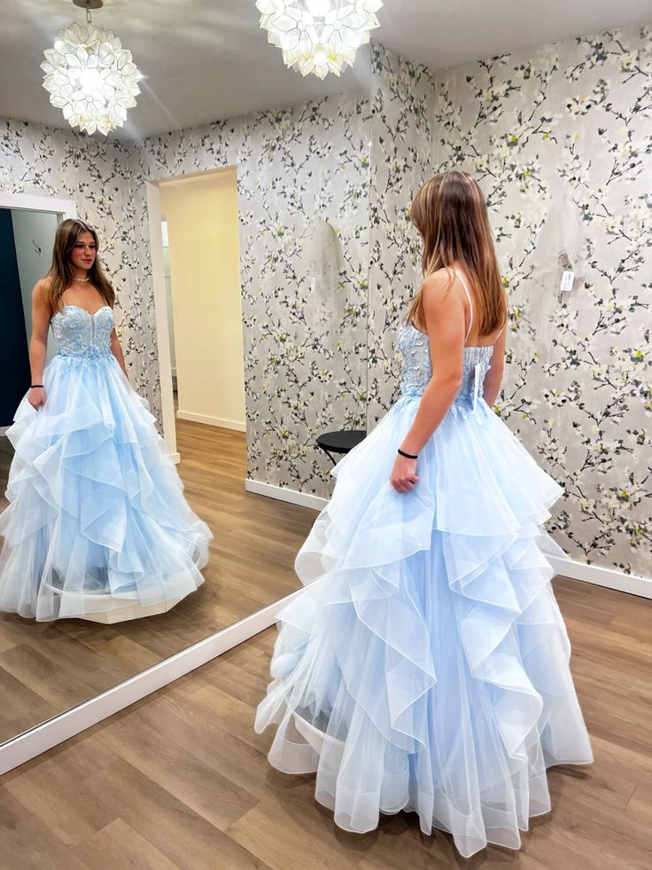 Modest Ball Gown Spaghetti Straps Light Sky Blue Lace Tulle Prom Dress Inspiration Long Party Formal Prom Dresses RB743