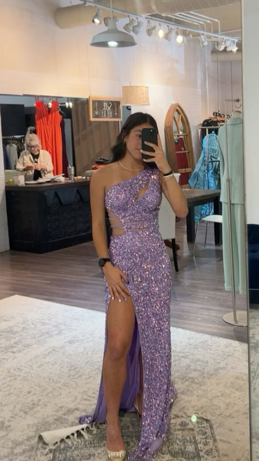 Elegant Sheath One Shoulder Sequin Lilac Slit Senior Aesthetic Prom Dresses Prom Gowns Birthday Outfits Graduation Dress RB761