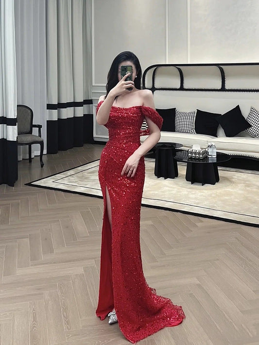 Trendy Mermaid Off The Shoulder Red Sequin Prom Dresses Party Dress 18th Birthday Outfits Graduation Dress RB766