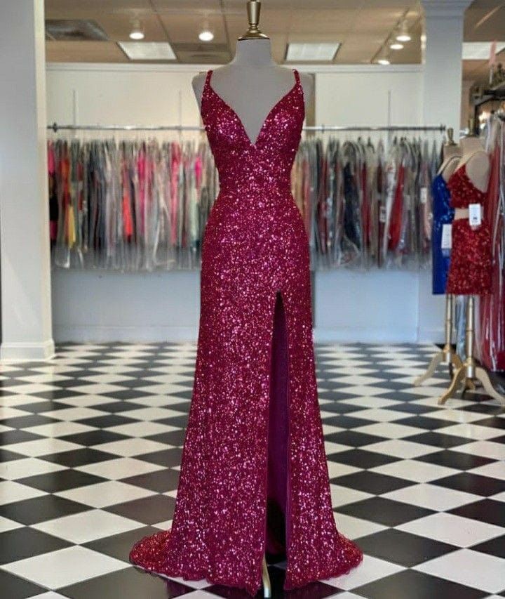 Cute Mermaid Spaghetti Straps Sequin Slit Prom Dresses Party Dress 21st Birthday Outfits Senior Graduation Dress RB779