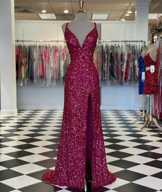 Cute Mermaid Spaghetti Straps Sequin Slit Prom Dresses Party Dress 21st Birthday Outfits Senior Graduation Dress RB779