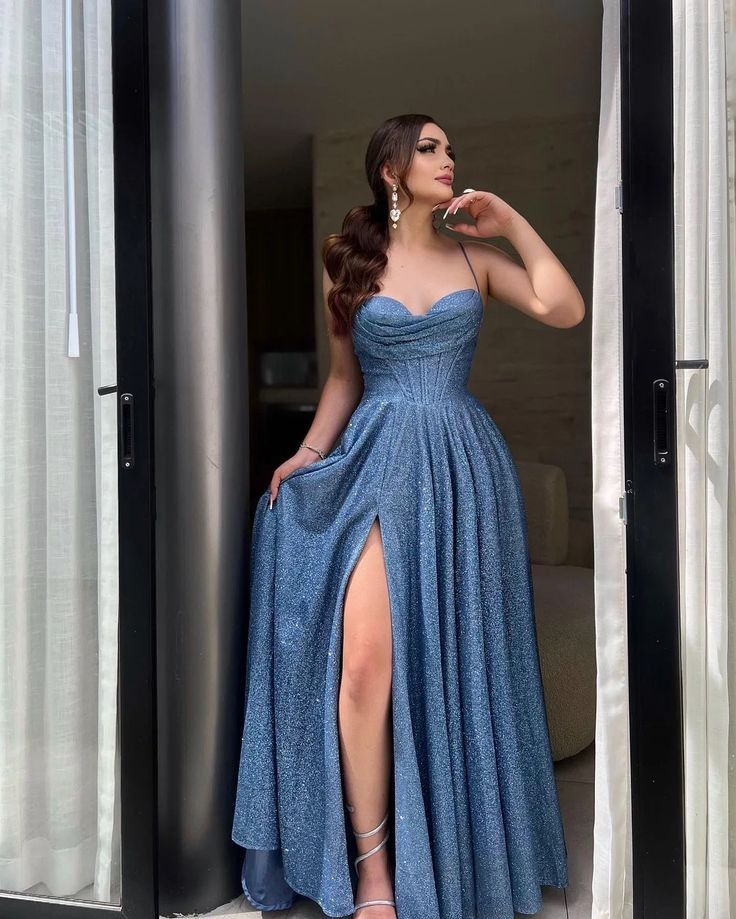 Cute A Line Halter Sequin Blue Slit Prom Dresses Party Dress 18th Birthday Outfits Graduation Dress RB785