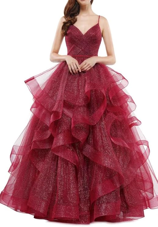 Elegantes Ballkleid mit Spaghettiträgern in Burgunderrot, Lagen Tüll, lange Ballkleider, Inspiration, trendige Abendkleider, formelles Kleid RB787