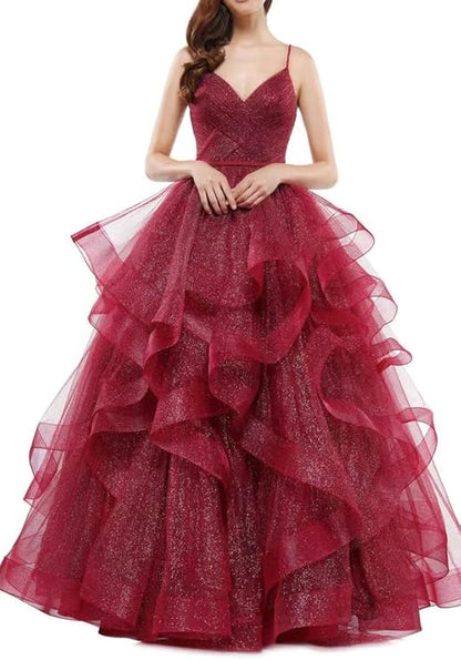 Elegantes Ballkleid mit Spaghettiträgern in Burgunderrot, Lagen Tüll, lange Ballkleider, Inspiration, trendige Abendkleider, formelles Kleid RB787