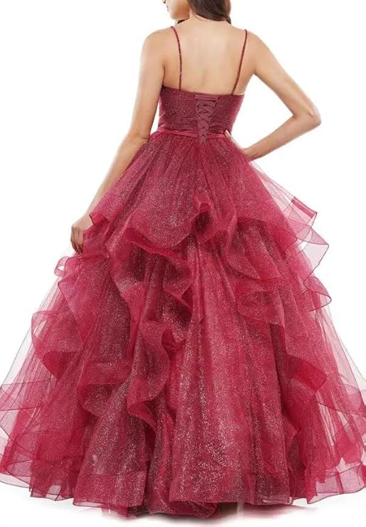 Elegantes Ballkleid mit Spaghettiträgern in Burgunderrot, Lagen Tüll, lange Ballkleider, Inspiration, trendige Abendkleider, formelles Kleid RB787