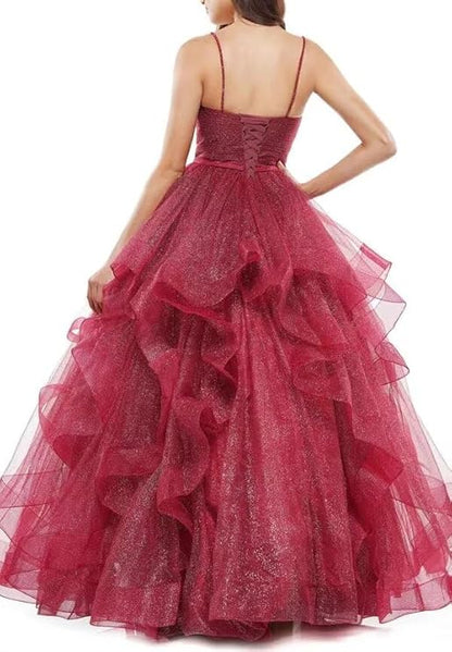 Elegantes Ballkleid mit Spaghettiträgern in Burgunderrot, Lagen Tüll, lange Ballkleider, Inspiration, trendige Abendkleider, formelles Kleid RB787