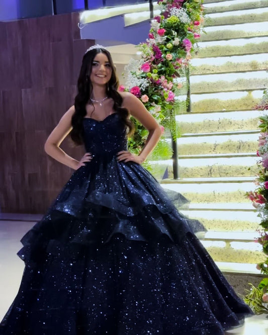Elegant Ball Gown Spaghetti Straps Navy Blue Layers Tulle Long Prom Dresses Inspiration Trending Evening Gowns Formal Dress RB794