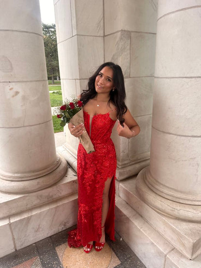 Modest Mermaid Spaghetti Straps Red Lace Sleeveless Slit Long Prom Dresses Party Dress 21st Birthday Outfits Graduation Dress RB711