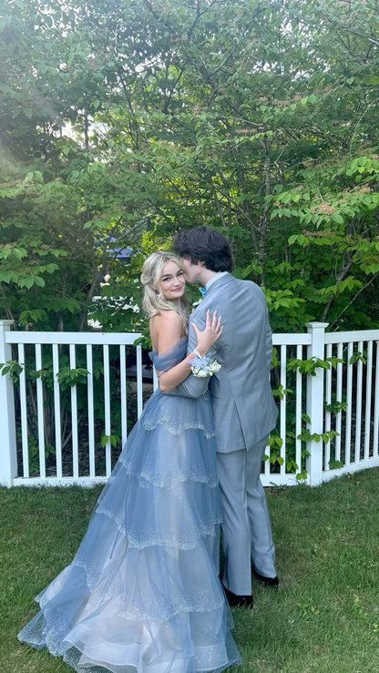Cute Ball Gown Off The Shoulder Dusty Blue Tulle Prom Dresses Party Dress 20th Birthday Outfits Graduation Dress RB803