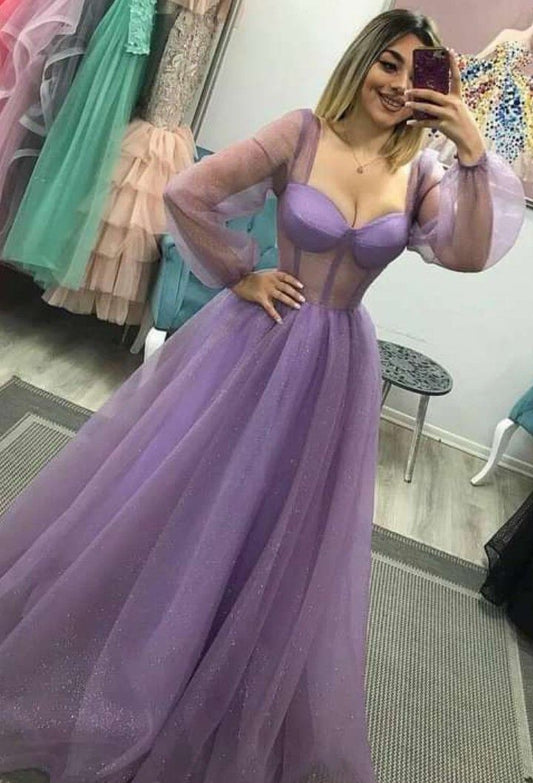 Elegant Ball Gown Sweetheart Long Sleeves Lilac Sequin Senior Aesthetic Prom Dresses Prom Gowns Birthday Outfits Graduation Dress RB805