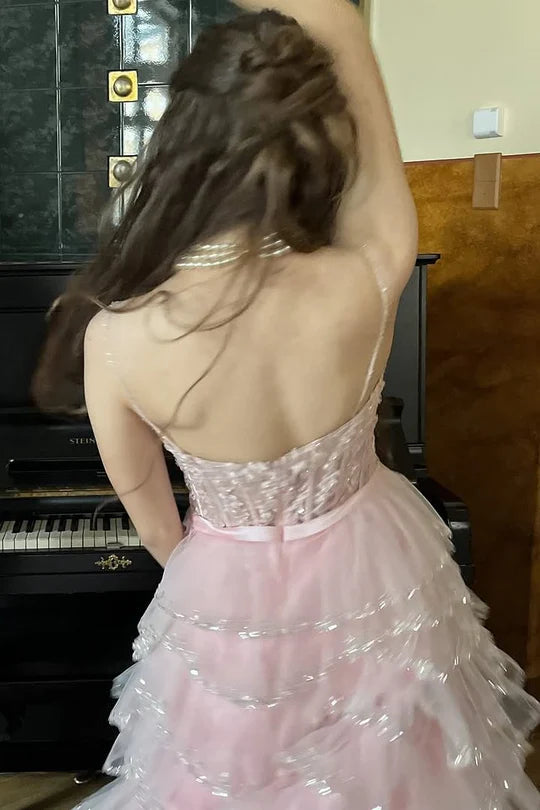 Cute Ball Gown Blush Pink Tulle Lace Prom Dresses Party Dress 20th Birthday Outfits Graduation Dress RB807