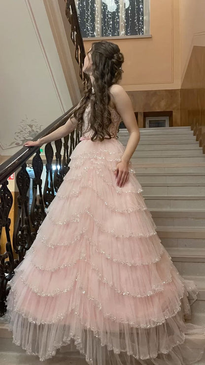 Cute Ball Gown Blush Pink Tulle Lace Prom Dresses Party Dress 20th Birthday Outfits Graduation Dress RB807