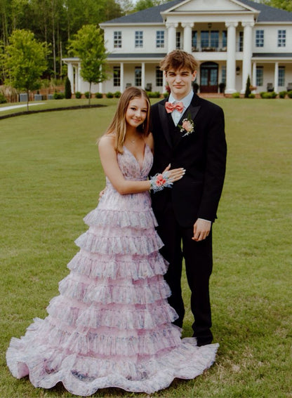 Cute Ball Gown Spaghetti Straps Lilac Floral Slit Long Prom Dresses Party Dress 18th Birthday Outfits Graduation Dress RB808