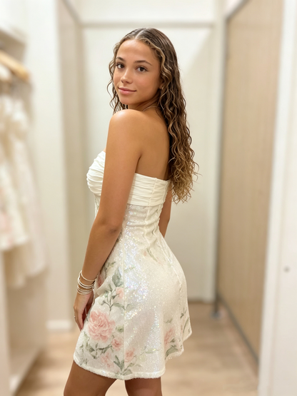 Glitter A Line Spaghetti Straps Champagne Floral Spring dress Sequin Short Homecoming 21th 16th Birthday Cocktail Ideas Outfits RB8306