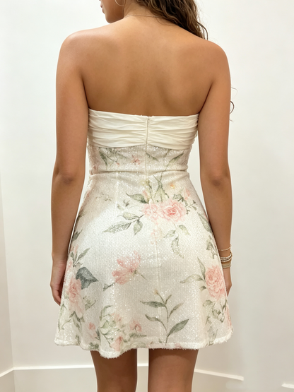 Glitter A Line Spaghetti Straps Champagne Floral Spring dress Sequin Short Homecoming 21th 16th Birthday Cocktail Ideas Outfits RB8306