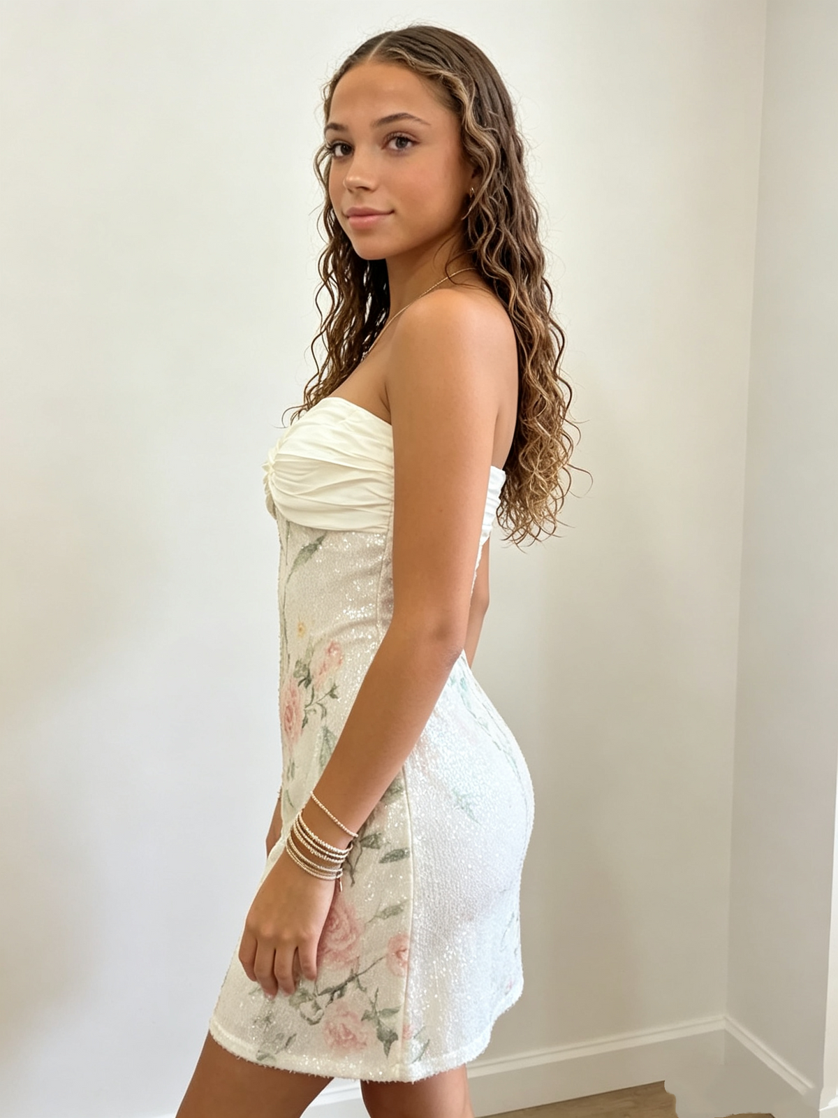Glitter A Line Spaghetti Straps Champagne Floral Spring dress Sequin Short Homecoming 21th 16th Birthday Cocktail Ideas Outfits RB8306