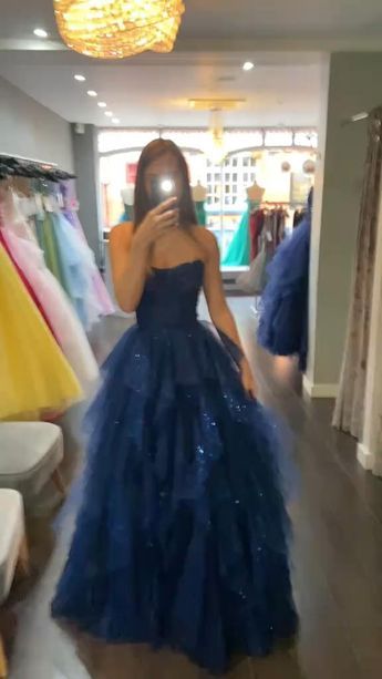 Classy Ball Gown Strapless Navy Blue Tulle Prom Dresses Party Dress 21st Birthday Outfits Senior Graduation Dress RB836