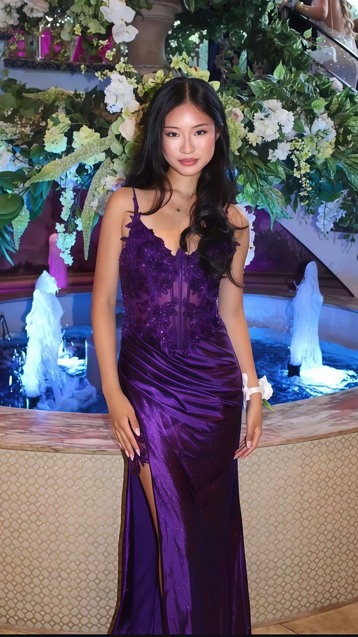 Modest Mermaid Spaghetti Straps Grape Satin Lace Prom Dresses Inspiration Slit Prom Dress Princess Graduation Dress RB842