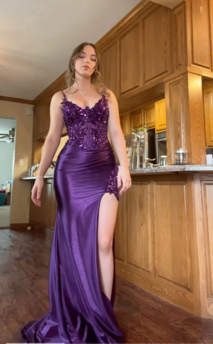 Modest Mermaid Spaghetti Straps Grape Satin Lace Prom Dresses Inspiration Slit Prom Dress Princess Graduation Dress RB842
