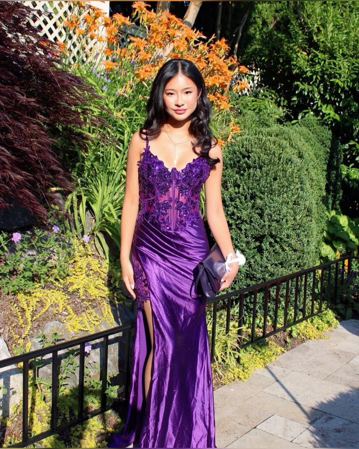 Modest Mermaid Spaghetti Straps Grape Satin Lace Prom Dresses Inspiration Slit Prom Dress Princess Graduation Dress RB842