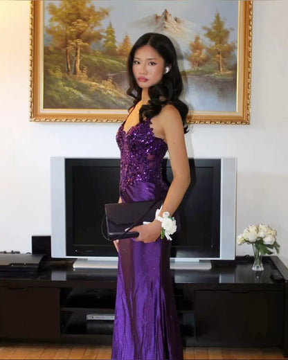 Modest Mermaid Spaghetti Straps Grape Satin Lace Prom Dresses Inspiration Slit Prom Dress Princess Graduation Dress RB842