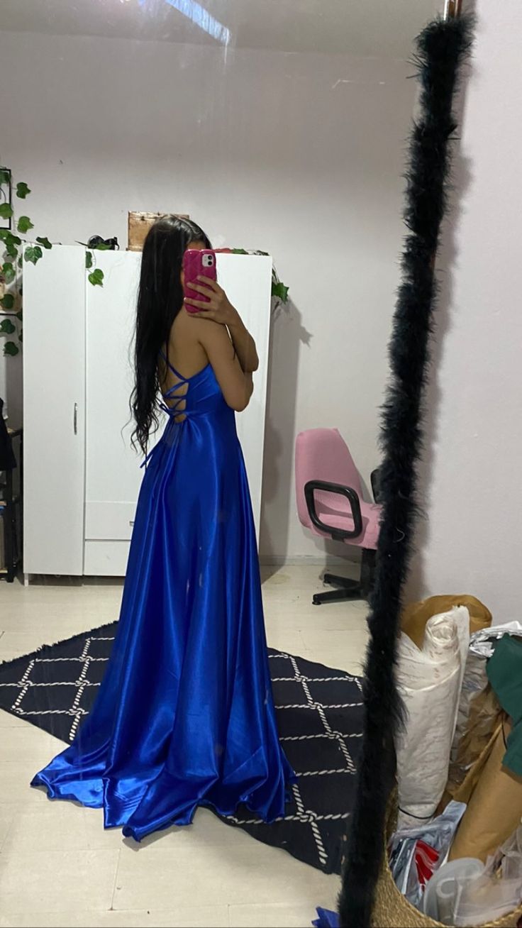 Modest A line Halter Royal Blue Satin Prom Dresses Inspiration Prom Dress Princess Graduation Dress RB855