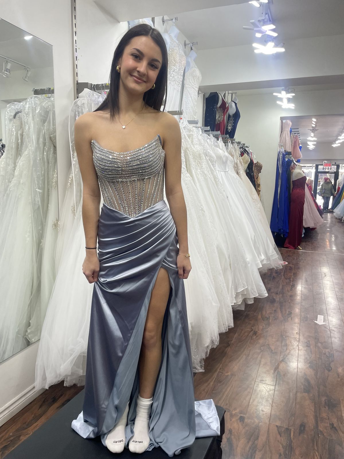 Modest Mermaid Strapless Gray Satin Prom Dresses Inspiration Slit Prom Dress Princess Graduation Dress RB861