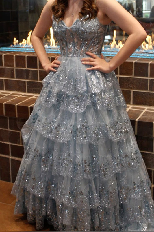 Elegant Ball Gown Spaghetti Straps Gray Sequins Prom Dresses Party Dress 20th Birthday Outfits Graduation Dress RB864