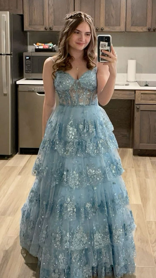 Elegant Ball Gown Spaghetti Straps Light Sky Blue Sequins Prom Dresses Party Dress 20th Birthday Outfits Graduation Dress RB866