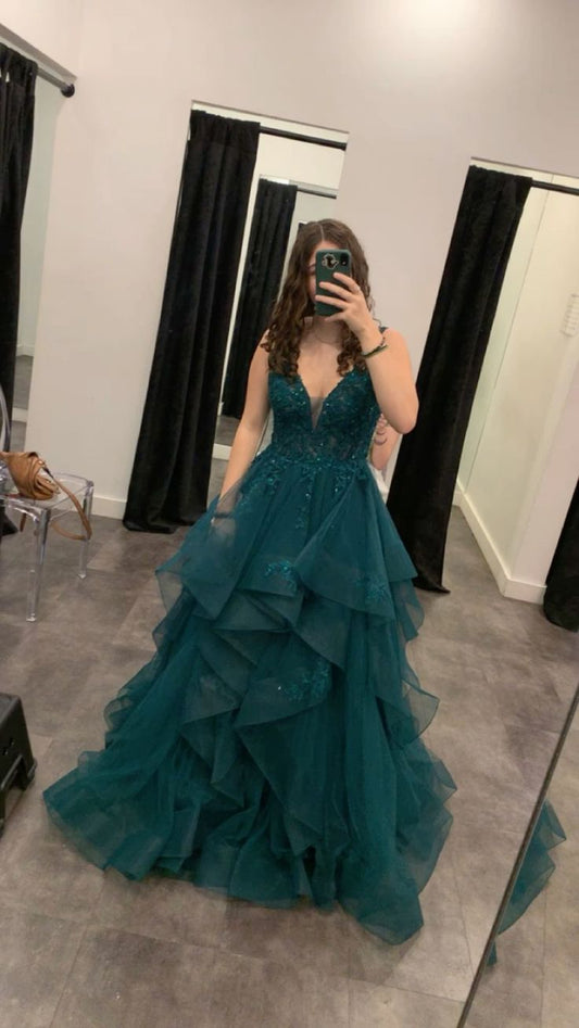 Elegant Ball Gown Spaghetti Straps Dark Green Tulle Lace Prom Dresses Party Dress 20th Birthday Outfits Graduation Dress RB867