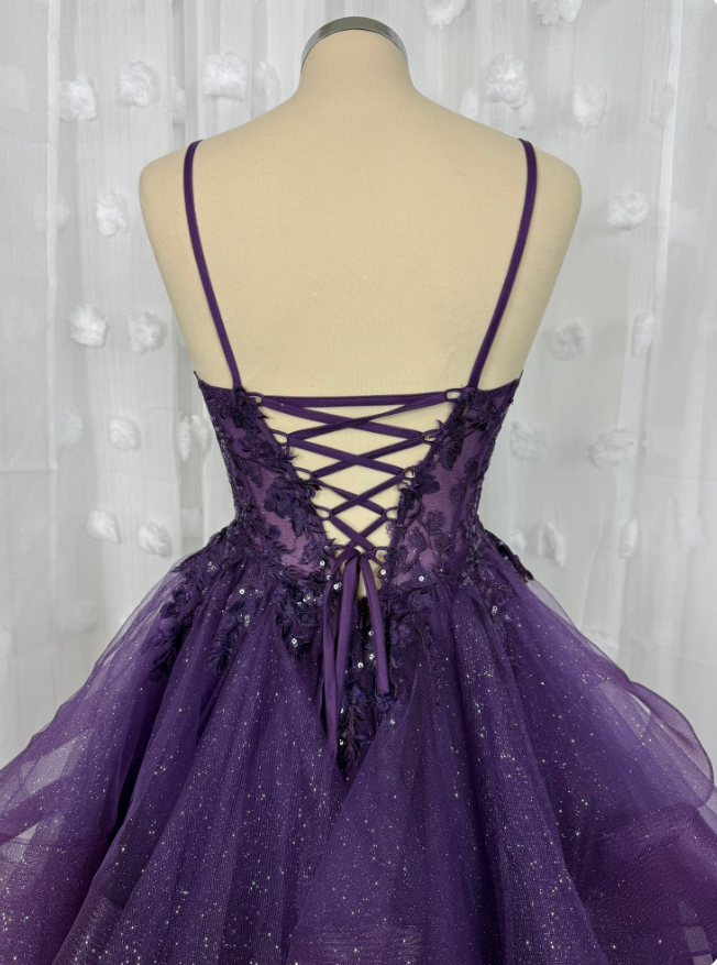 Classy Ball Gown Spaghetti Straps Dark Grape Tulle Lace Prom Dresses Party Dress 20th Birthday Outfits Graduation Dress RB868