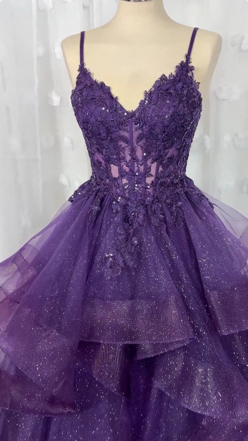 Classy Ball Gown Spaghetti Straps Dark Grape Tulle Lace Prom Dresses Party Dress 20th Birthday Outfits Graduation Dress RB868
