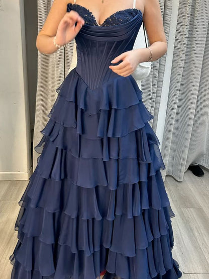 Classy Ball Gown Sweetheart Navy Blue Chiffon Prom Dresses Party Dress 20th Birthday Outfits Graduation Dress RB871