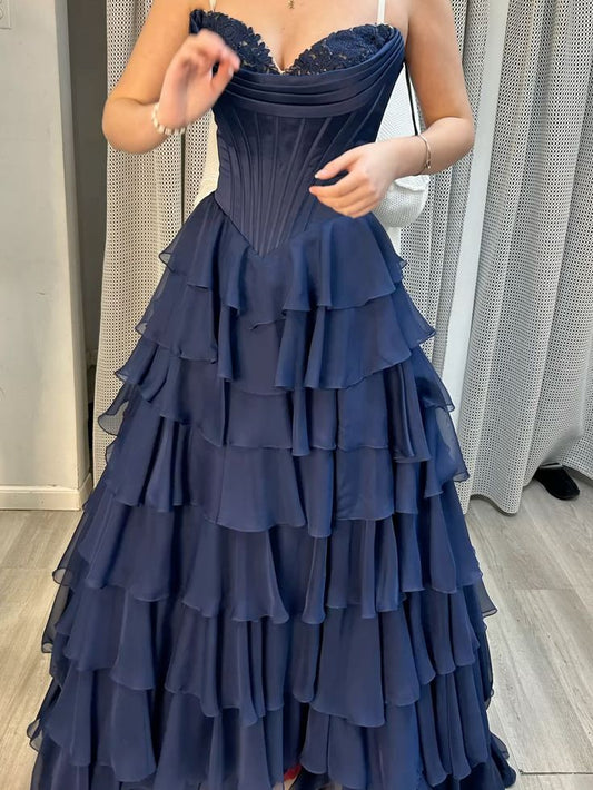 Classy Ball Gown Sweetheart Navy Blue Chiffon Prom Dresses Party Dress 20th Birthday Outfits Graduation Dress RB871