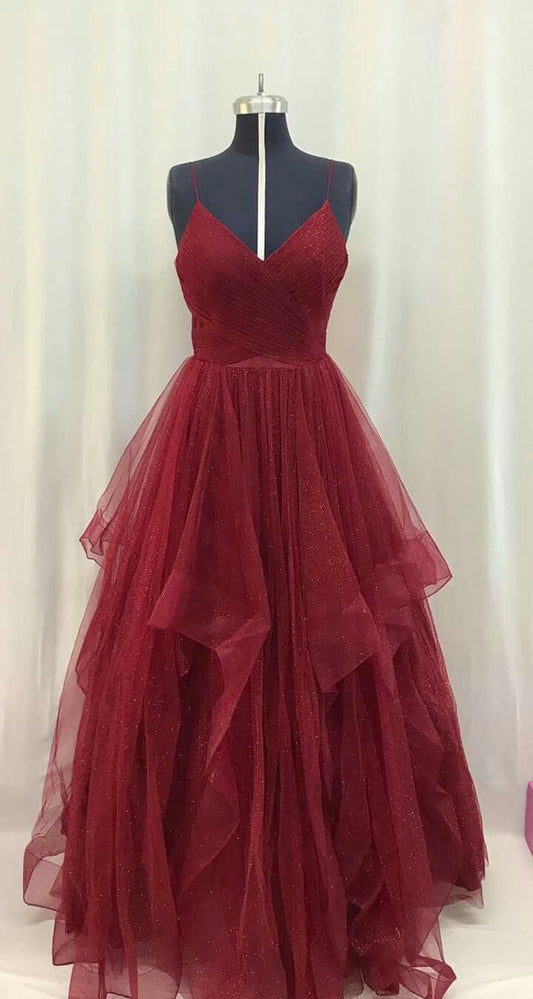 Sparkly Ball Gown Spaghetti Straps Burgundy Tulle Prom Dresses Party Dress 21st Birthday Outfits Senior Graduation Dress RB873