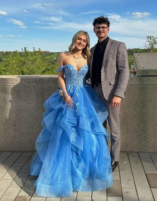Timeless Ball Gown Off The Shoulder Blue Lace Prom Dresses Party Dress 18th Birthday Outfits Graduation Dress RB875