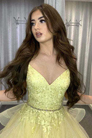 Modest Ball Gown Spaghetti Straps Yellow Lace Tulle Prom Dresses Party Dress 21st Birthday Outfits Senior Graduation Dress RB881