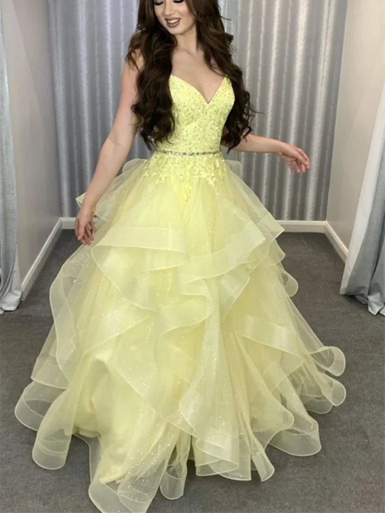 Modest Ball Gown Spaghetti Straps Yellow Lace Tulle Prom Dresses Party Dress 21st Birthday Outfits Senior Graduation Dress RB881