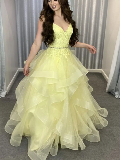 Modest Ball Gown Spaghetti Straps Yellow Lace Tulle Prom Dresses Party Dress 21st Birthday Outfits Senior Graduation Dress RB881