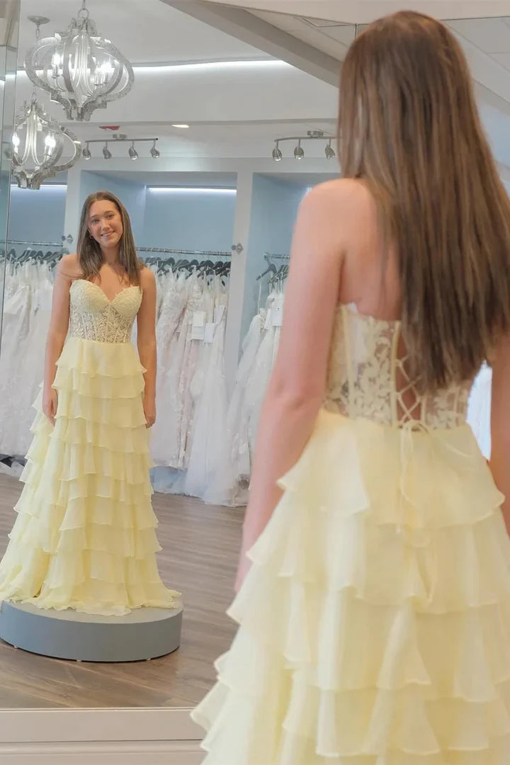 Classy Ball Gown Sweetheart Yellow Slit Chiffon Prom Dresses Party Dress 20th Birthday Outfits Graduation Dress RB883