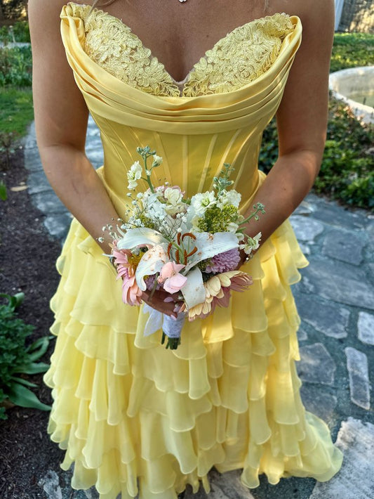Classy Ball Gown Sweetheart Yellow Chiffon Prom Dresses Party Dress 20th Birthday Outfits Graduation Dress RB885