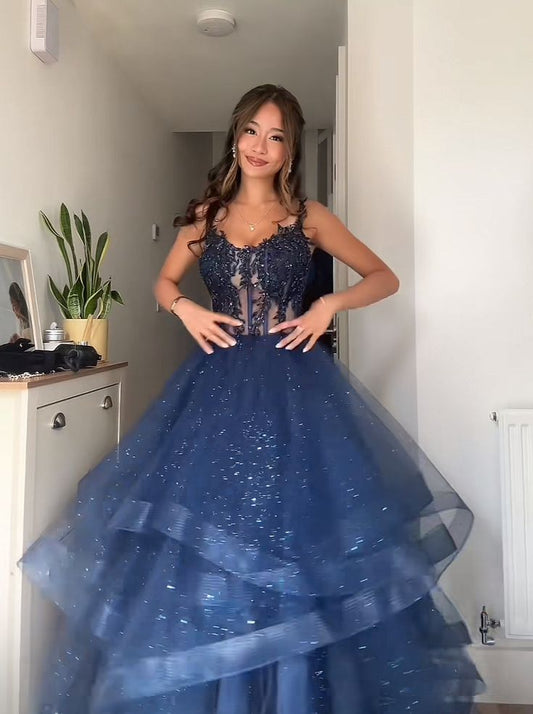 Einzigartiges Ballkleid mit Spaghettiträgern, marineblau, Tüll, Ballkleider, Partykleid, Outfits zum 21. Geburtstag, Abschlusskleid RB896