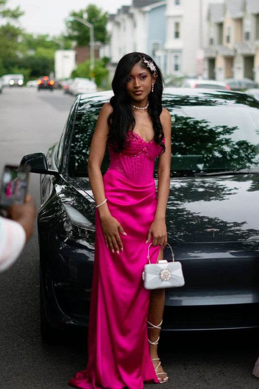 Unique Mermaid Sweetheart Hot Pink Satin Beads Prom Dresses Long Party Dress 21st Birthday Outfits Graduation Dress RB909