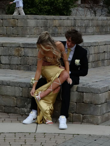 Classy Mermaid Off The Shoulder Gold Slit Sequins Prom Dresses Fancy Party Dress 18th Birthday Outfits Evening Long Dress RB931