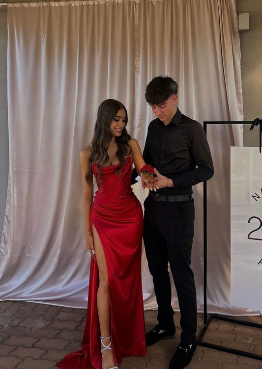 Unique Mermaid Strapless Satin Red Prom Dresses Long Party Dress 21st Birthday Outfits Graduation Dress RB934