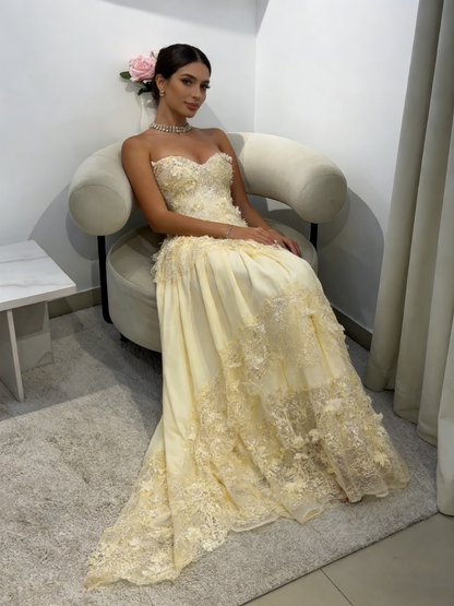 Modest A Line Sweetheart Yellow Chiffon Lace Prom Dresses Inspiration Prom Dress Senior Graduation Dress RB936