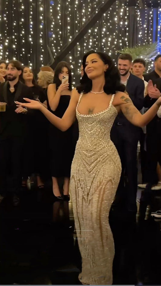 Sexy Meerjungfrau-Träger Champagner Pailletten Lange Ballkleider Inspiration Ballkleid Abschlussballkleid RB938