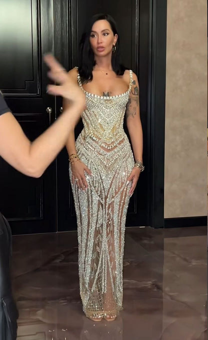 Sexy Meerjungfrau-Träger Champagner Pailletten Lange Ballkleider Inspiration Ballkleid Abschlussballkleid RB938