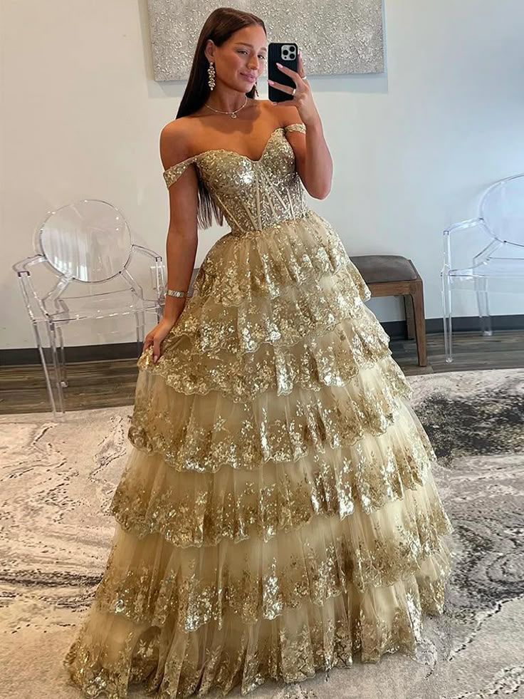 Elegant Ball Gown Off The Shoulder Gold Lace Prom Dresses Party Dress 21st Birthday Outfits Senior Graduation Dress RB940
