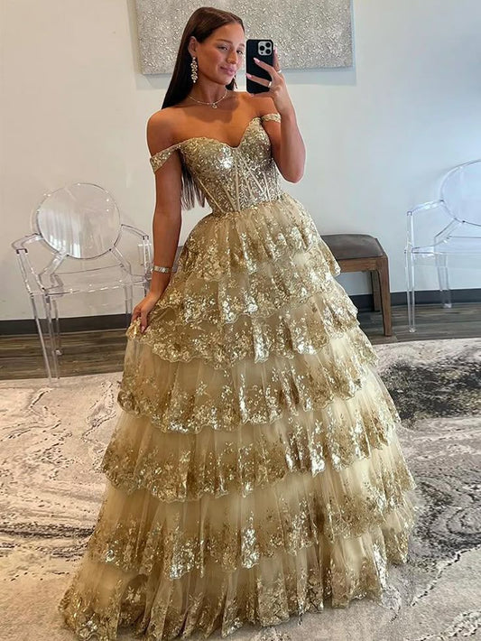 Elegant Ball Gown Off The Shoulder Gold Lace Prom Dresses Party Dress 21st Birthday Outfits Senior Graduation Dress RB940